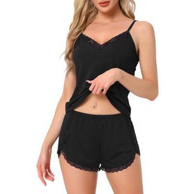 cheibear Women's Sleeveless Ribbed Knit Lace Trim V Neck Cami Top with Shorts Pajama Sets Medium Black | Target