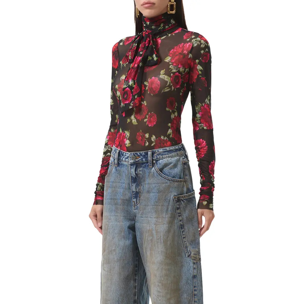 AFRM Julien Tie Neck Turtleneck Mesh Top in Painted Roses at Nordstrom Rack, Size Small | Nordstrom Rack