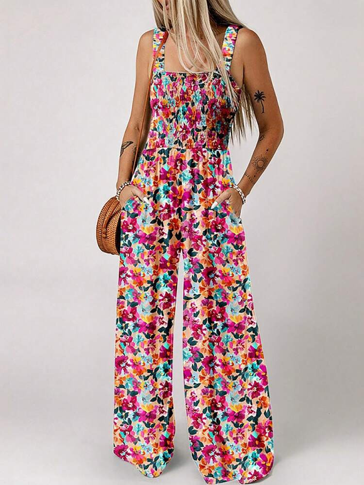 Acelitt Summer Multi-Color Print Front Tie Square Neck Sleeveless Loose Wide Leg Jumpsuit | SHEIN