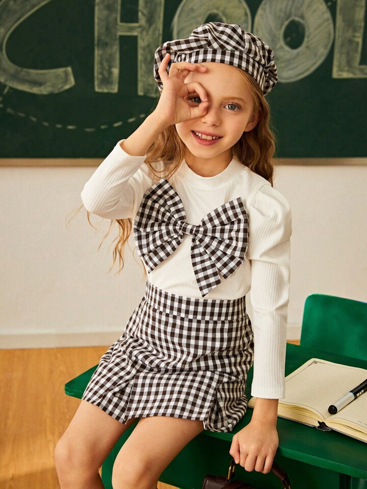 SHEIN Toddler Girls Elegant & Cute Knit Turtleneck Puff Sleeve Top W/ Bow, Grid Skirt & Plaid Ber... | SHEIN