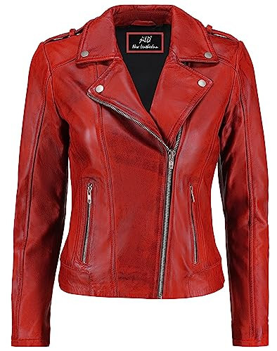 Jild Biker Style Vintage Leather Jacket Women - Casual Fashion Motorcycle Zip-Up Lightweight Coat Collar Women Leather Jacket (Red-M) | Amazon (US)