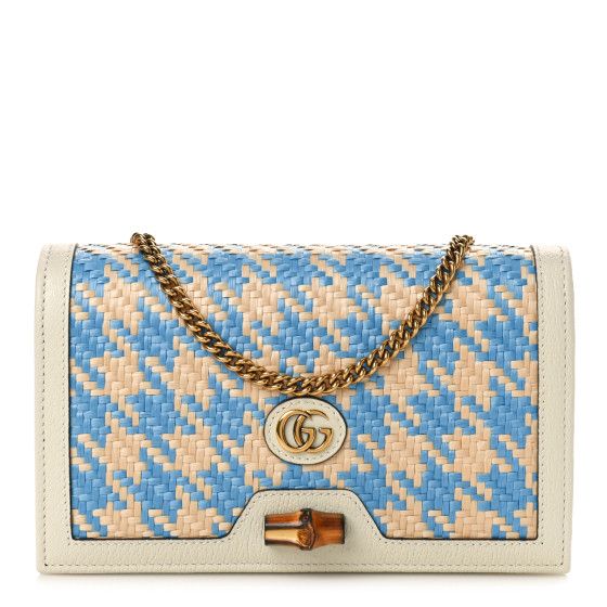 Polished Raffia Textured Dollar Calfskin Houndstooth Mini Diana Chain Bag Natural Light Blue Myst... | FASHIONPHILE (US)