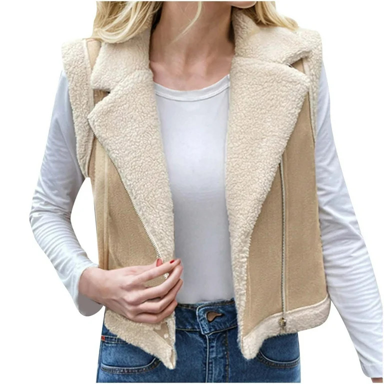 Fanxing Womens Suede Sherpa Vest Faux Fur Shearling Sleeveless Fleece Jacket Lapel Neck Warm Crop... | Walmart (US)