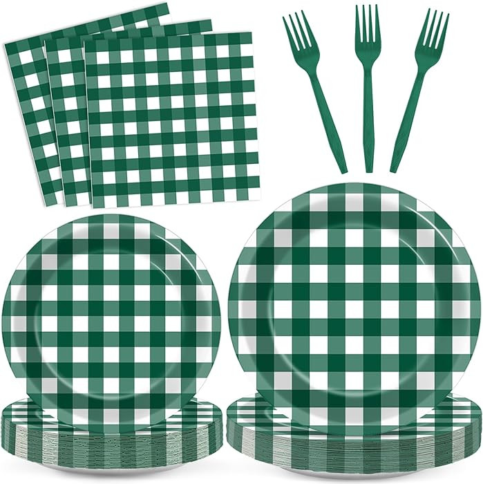 96Pcs Green Gingham Party Decorations Green and White Checkered Birthday Themed Tableware Gingham... | Amazon (US)