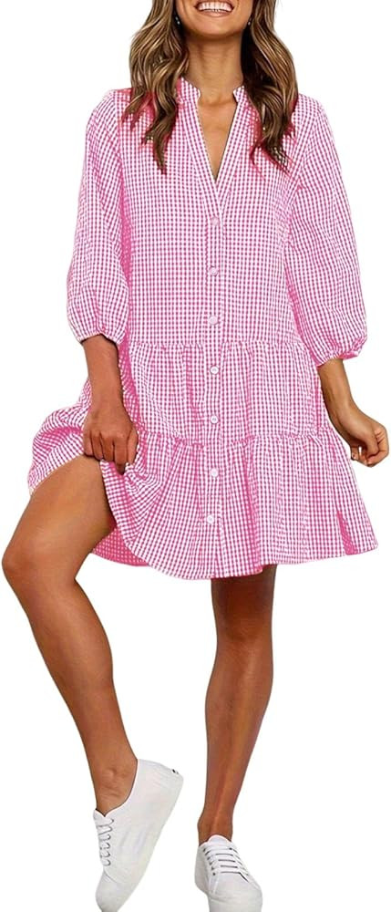 utcoco Women's 2026 Spring Summer Plaid Shirt Dress 3/4 Puff Sleeve Button Down Loose Casual Midi... | Amazon (US)