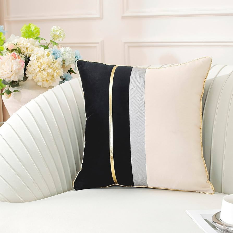 TAOSON Pack of 2, Black Beige Patchwork Velvet Throw Pillow Cover with Gold Striped Leather Cushi... | Amazon (US)