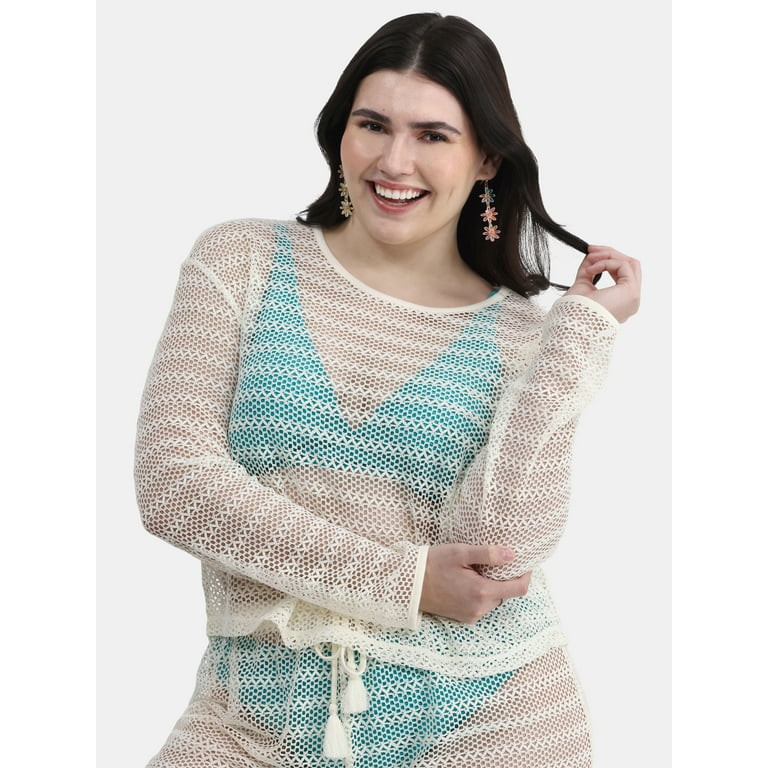 No Boundaries Women's Crochet Top Coverup with Long Sleeves, Sizes XXS - XXL | Walmart (US)