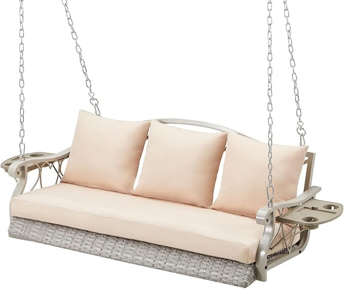 3-Person Wicker Porch Swing Chair Heavy Duty 900 LBS Outdoor Rattan Patio Swing Chair w/Cup-Holde... | Amazon (US)