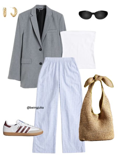 Spring outfit inspiration! Details below:
-Grey oversized blazer from H&M. 
-White tube top from Abercrombie. 
-Blue and white striped loose pants/pajama pants from Abercrombie. 
-Adidas Samba sneakers. 
-Straw tote bag in tan from Anthropologie.  
-Black rounded sunglasses from Celine. 
-Gold croissant hoop earrings from Mejuri. 


#LTKstyletip #LTKfindsunder100 #LTKSeasonal