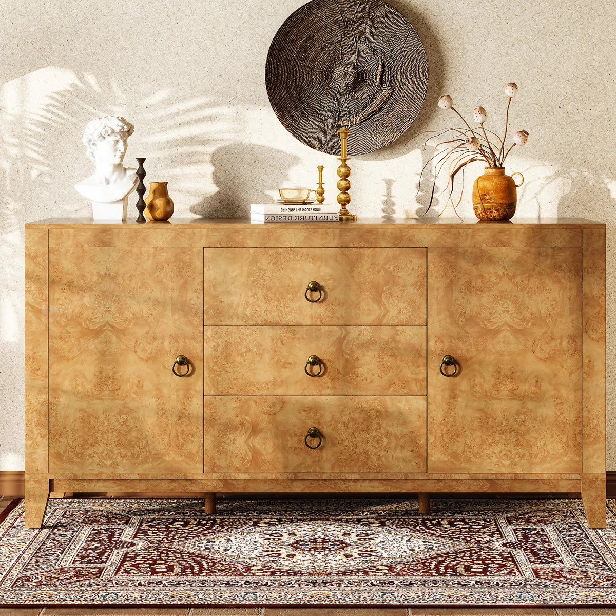 Dorne 60" Modern High Gloss Burl Sideboard with Adjustable Shelves, Yellow | Wayfair North America