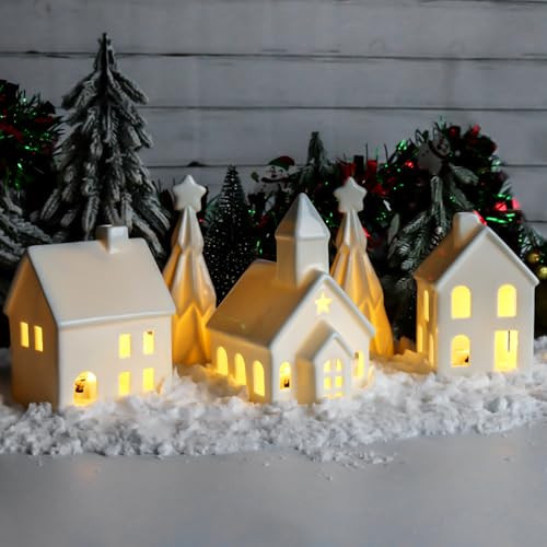 Christmas Village Houses,Christmas Village Sets of 3 Pack 4.7" Lighted Ceramic Houses with 2 Trees,Indoor White Xmas Holiday Rustic Unique Decor for Home Tabletop Mantel Shelf Decor | Amazon (CA)