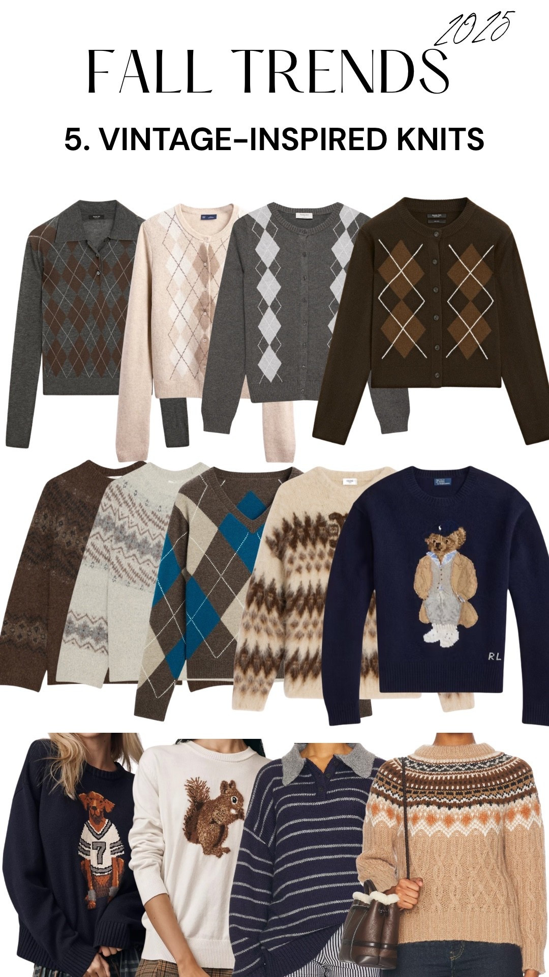 Fall trends 2025: Vintage-inspired knits. Argyle, jacquard, striped and graphic sweaters, cardigans and polo sweaters. #knits #sweaters #cardigan #sweater #polo #argyle #jacquard #graphic #falltrends #falloutfits 

#LTKSeasonal #LTKFindsUnder50 #LTKFallSale
