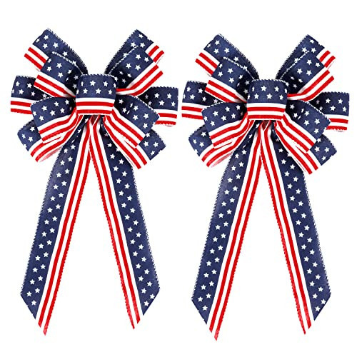 2 Pack 4th of July Decor Bow for Wreath,Red White Blue Stripe Stars Tree Topper Bows for Patriotic,Independence Day,Memorial Day,Veteran's Day,Front Door Indoor Outdoor Decorations | Amazon (US)