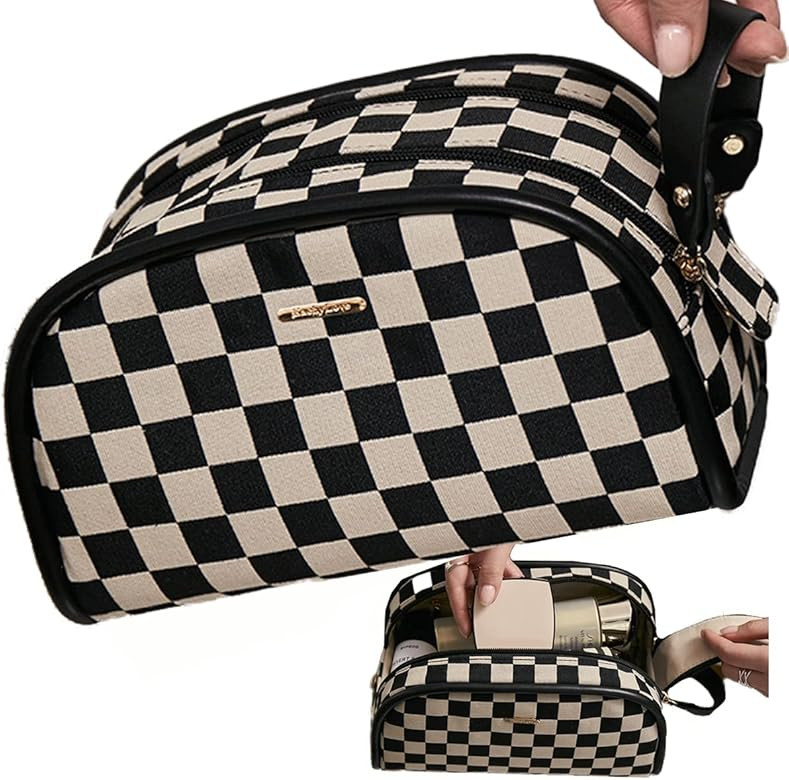 cirea Vintage Black Double Zippers Checkered Large Capacity Cosmetic Bag with Compartments Skinca... | Amazon (US)