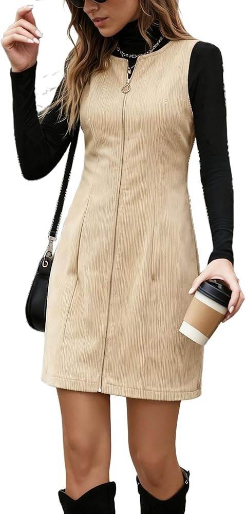 Apvirdy Women's Corduroy Overall Dress Elegant Sleeveless Zip Up Crew Neck Solid Color Casual Sli... | Amazon (US)
