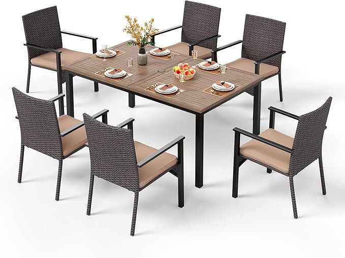 PHI VILLA 7 Pieces Patio Dining Set for 6, 65” Wood-Like Metal Steel Dining Table & Rattan Wick... | Amazon (US)