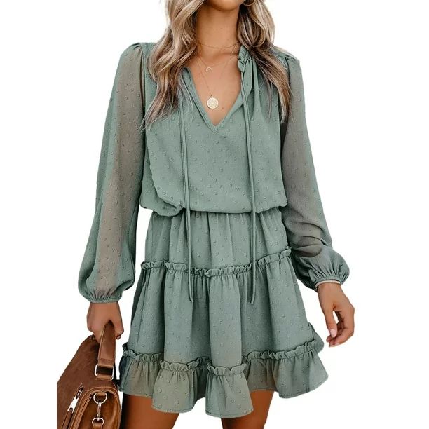 Dokotoo Womens Green Chiffon Long Sleeve V neck Pleated Loose Swing Casual Dress Size Medium US 8... | Walmart (US)