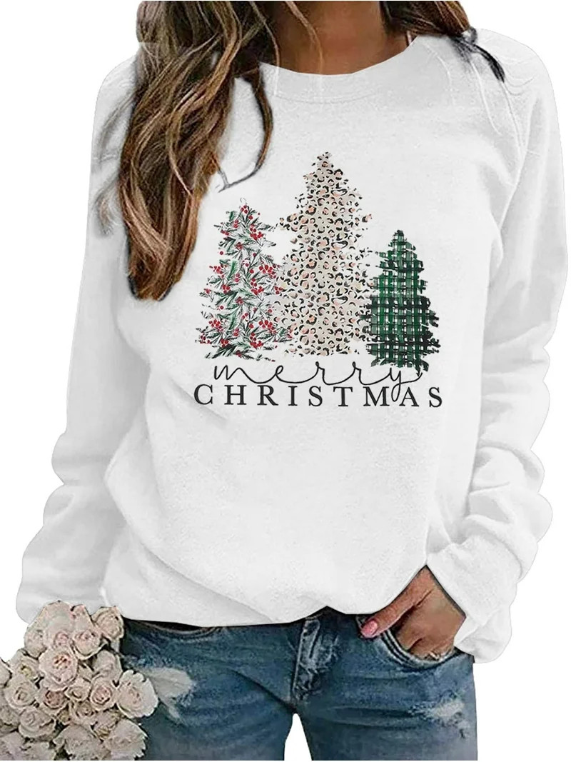 Merry Christmas Sweatshirt for Women Long Sleeve Tree Pullover Graphic Lightweight Xmas Top | Walmart (US)