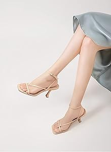 Carcuume Womens Kitten Heels Square Toe Thong Strappy Ankle Strap Stiletto Heel Sandals | Amazon (US)