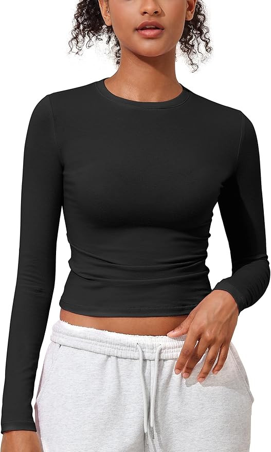 kayamiya Women's Basic Long Sleeve Cotton Shirts Tight Fit Fall Crewneck Trendy Y2K Crop Tops | Amazon (US)