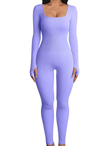 OQQ Women Long Sleeve Yoga Jumpsuits Workout Ribbed Bodysuits Pants Sexy One Piece Purple | Amazon (US)