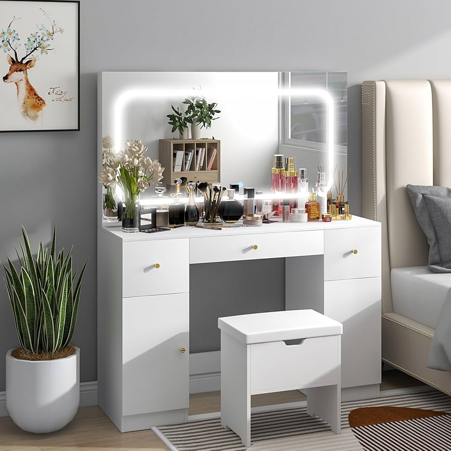oneinmil Vanity Desk Set with LED Lighted Mirror & Charging Station, 3 Drawers & 2 Cabinets Makeu... | Amazon (US)