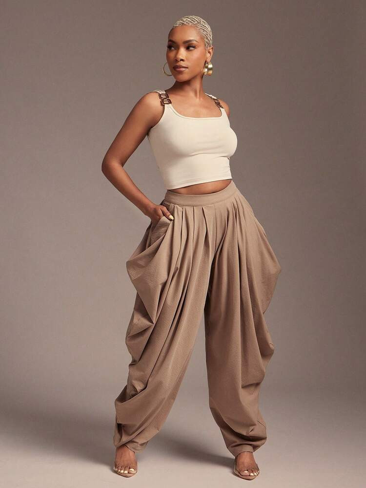 Vixey Pleated Elastic Waistband Harem Draped Pants | SHEIN