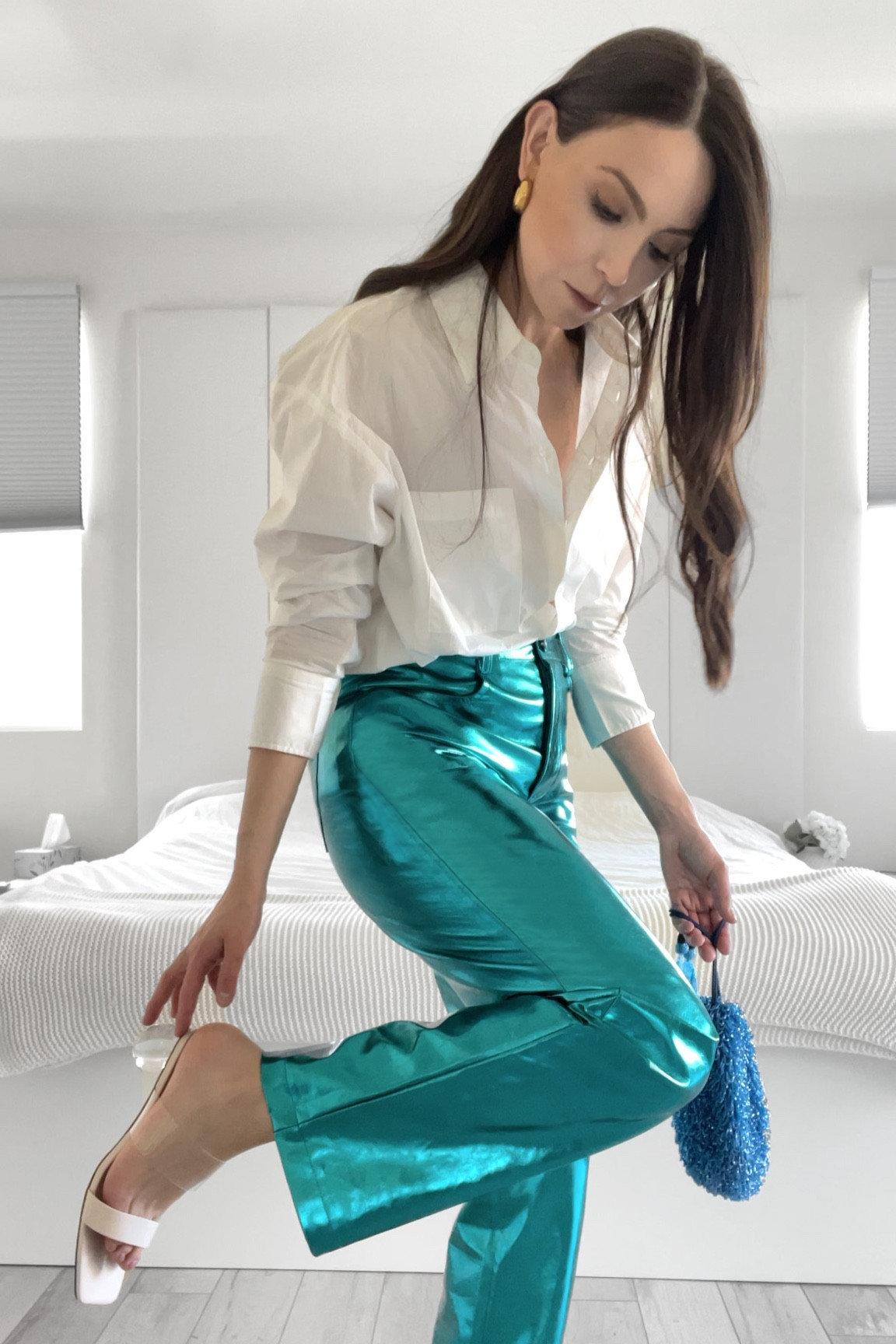 Spring metallic pants outfit 💙⚡️

Casual chic outfit 
Ball heel sandals
White shirt outfit 
Summer work outfit 
Summer outfit 

#LTKFind #LTKworkwear #LTKshoecrush