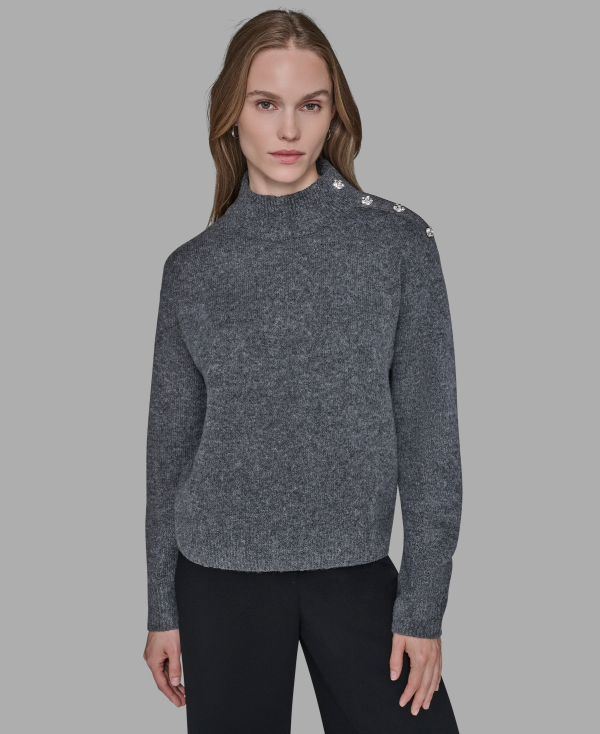 Karl Lagerfeld Paris Women's Button Shoulder Long Sleeve Sweater - Dusk Grey Heather | Macy's