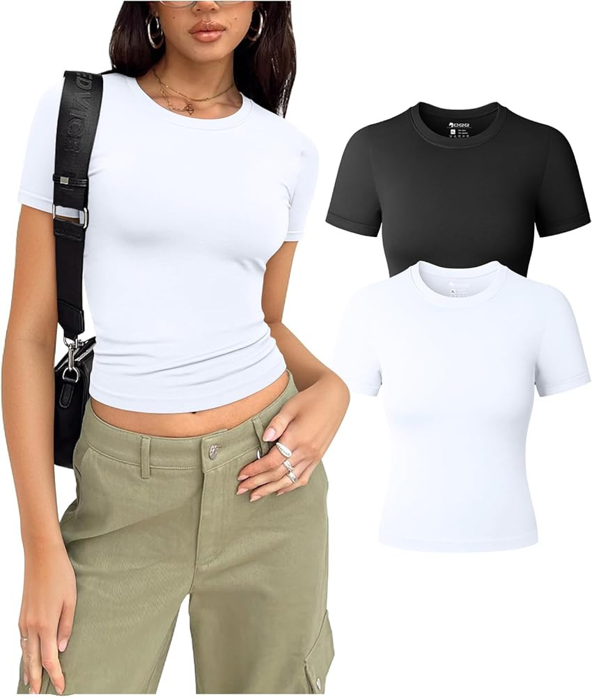 OQQ Womens 2 Piece Short Sleeve Shirts Crew Neck Stretch Fitted Basic Crop Tops | Amazon (US)