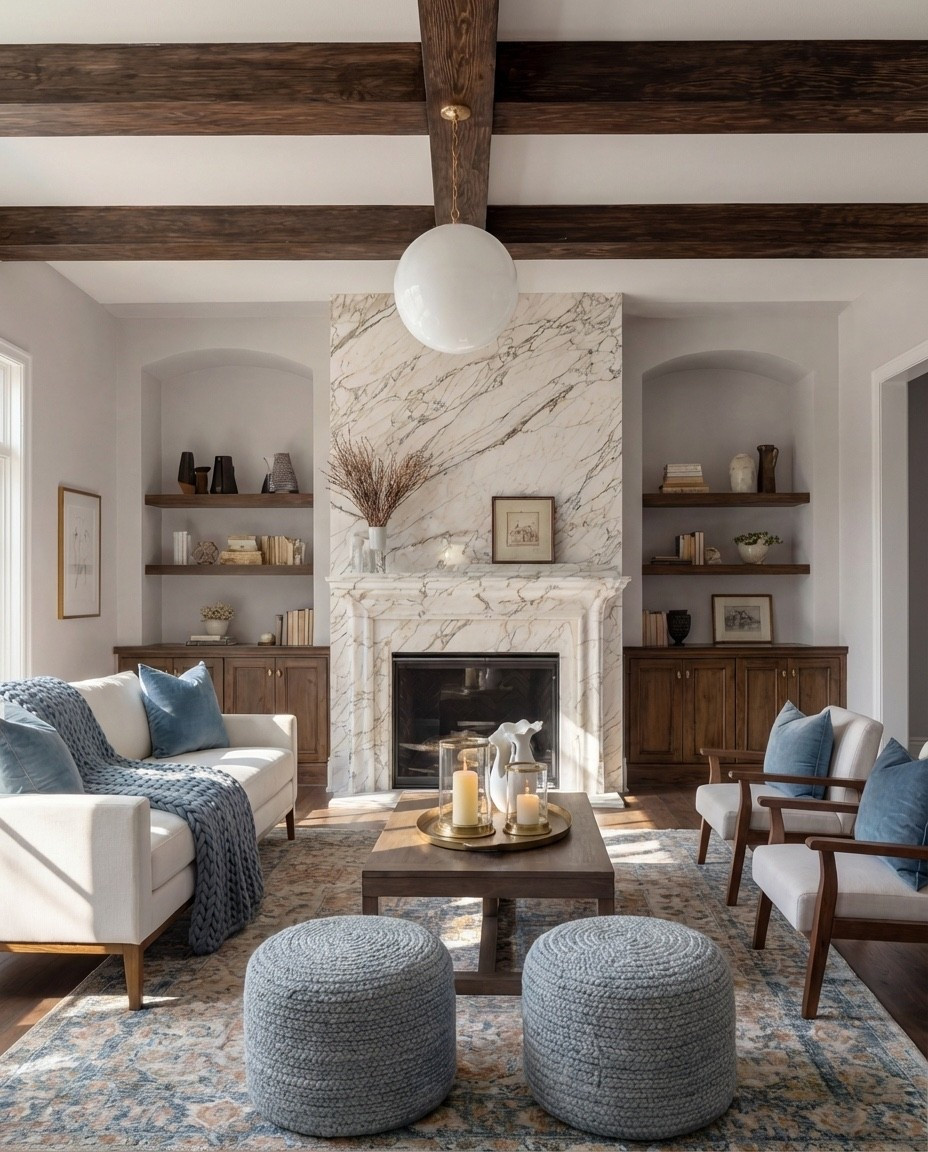 Shop the Look:
• Cream upholstered sofa
• Blue knit throw blanket
• Blue textured throw pillows
• Round knit ottomans
• Wood armchairs with cream cushions
• Marble fireplace surround
• Wood coffee table
• Ribbed wood side tables
• Neutral patterned area rug
• Ceramic vases + candle set

#LTKHome #LTKSaleAlert #LTKFindsUnder100