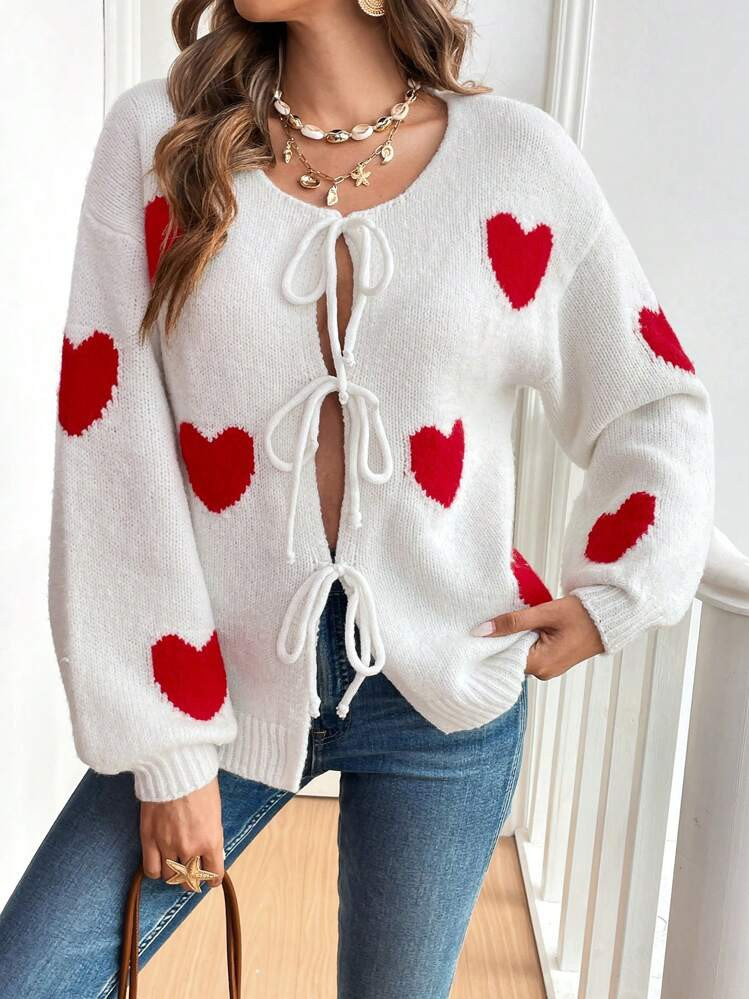 SHEIN Frenchy Women Red Heart Pattern Drop Shoulder Long Sleeve Tie Front Casual Cardigan, Women'... | SHEIN