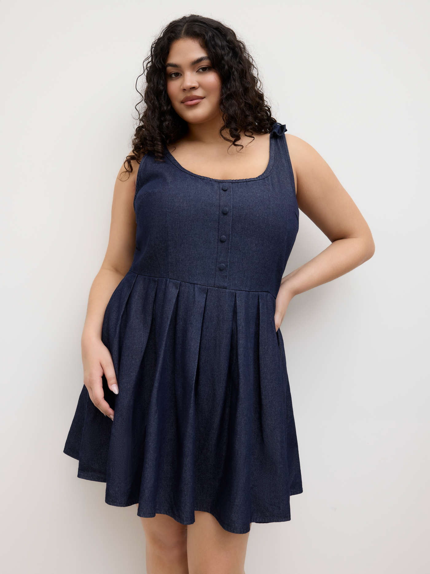 Denim Denim U-neckline Pleated Bowknot Mini Dress Curve & Plus For Daily Casual | Cider