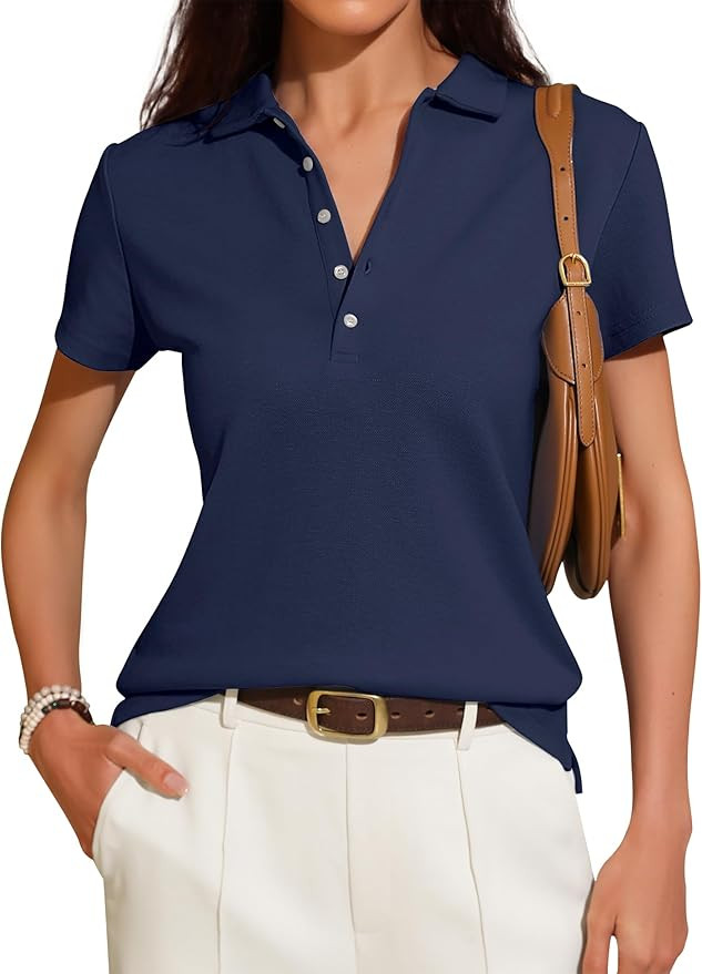 Women's Short Sleeve Polo Shirts 2025 Summer Collared V Neck Button Down Blouse Business Casual T... | Amazon (US)
