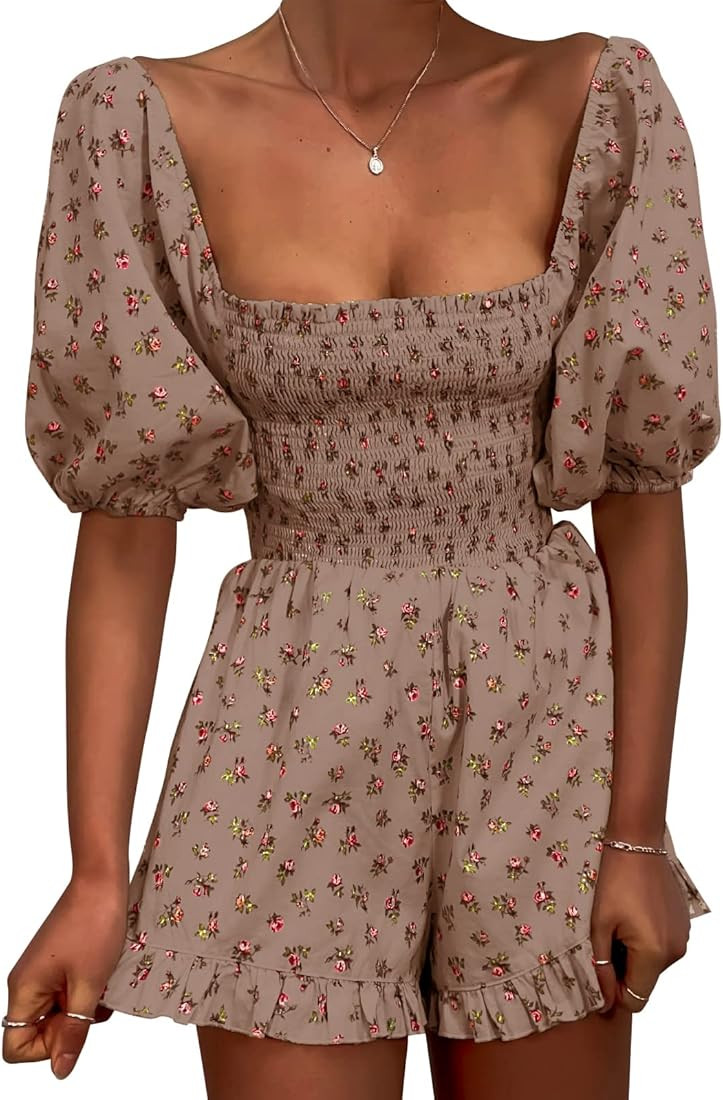 Womens Floral Square Neck Smocked Romper Puff Sleeve Wide Leg Short Jumpsuit | Amazon (US)