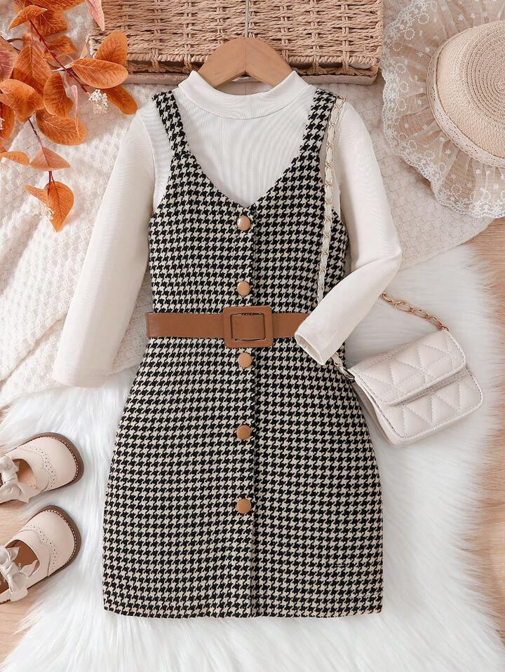 Young Girl Mock Neck Tee & Houndstooth Print Belted Cami Dress | SHEIN