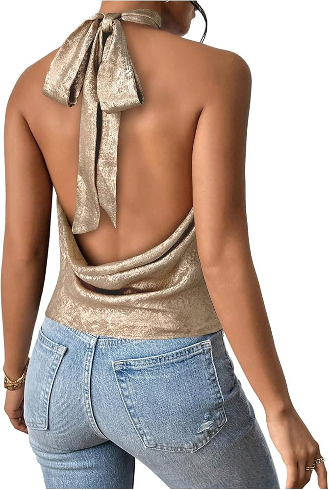 MakeMeChic Women's Halter Tops Satin Silk Backless Sleeveless Camisole Party Club Sexy Going Out ... | Amazon (US)