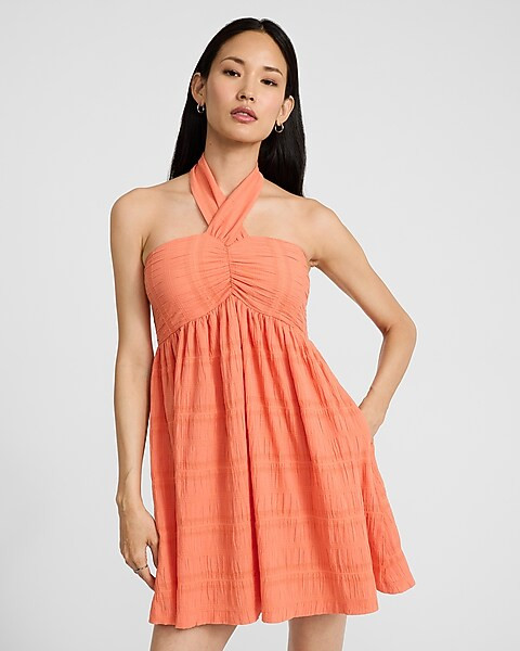 Crinkle Striped Tie Halter Mini Dress | Express