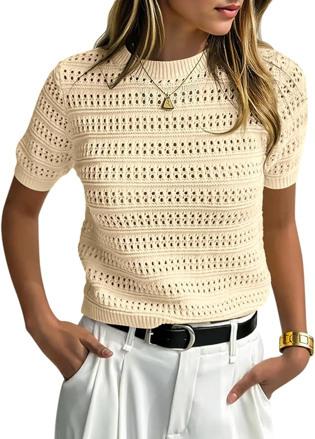 Saodimallsu Womens Short Sleeve Crochet Sweaters Crew Neck Loose Casual Knit Summer Boho Pullover... | Amazon (US)