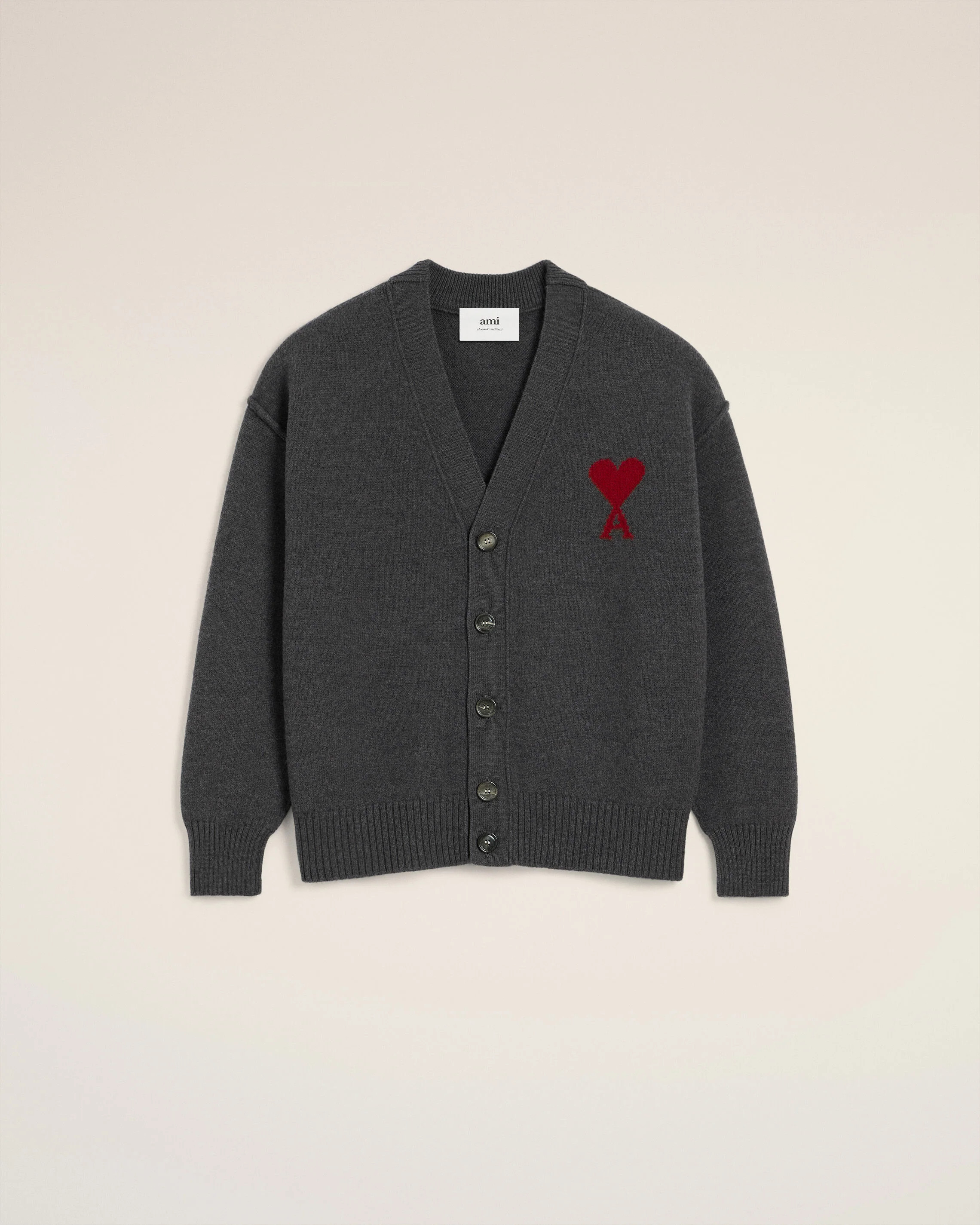 HEATHER GREY/RED Grey Wool Ami De Coeur Cardigan | AMI PARIS | AMI Paris FR
