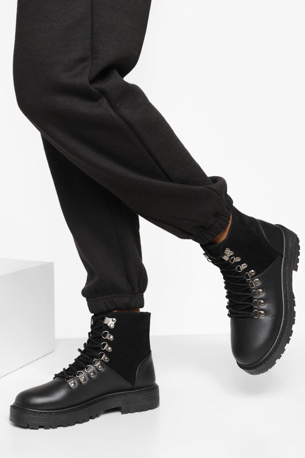 Womens Wide Width Chunky Lace Up Combat Boots - Black - 9 | Boohoo.com (US & CA)