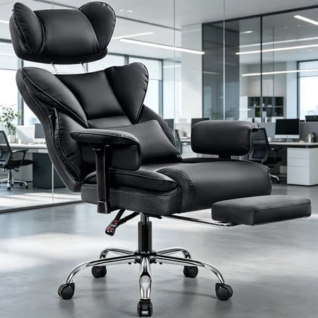 COOLHUT Big and Tall PU Leather Office Chair with Adjustable Headrest & Footrest, Executive Computer Desk Chair with 3D Adjustable Padded Armrest, Ergonomic Office Chair with Lumbar Support, Black | Walmart (US)