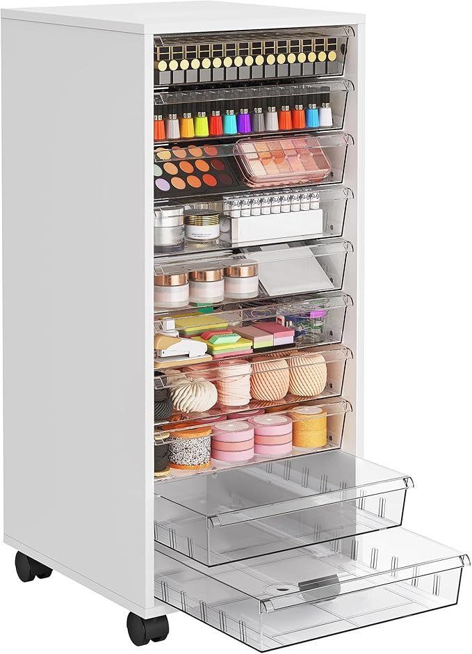 WOPITUES Plastic Storage Drawer Cart, Makeup Organizer and Storage with 10 Large Clear Drawers, U... | Amazon (US)