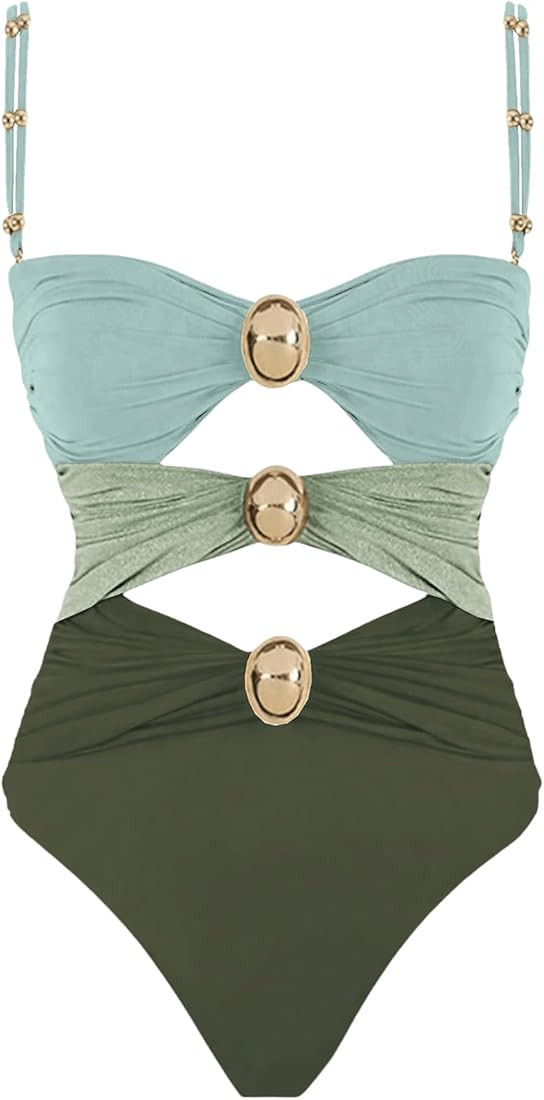 Verdusa Women's Cut Out Colorblock One Piece Swimsuit Ruched Swimwear Bathing Suit | Amazon (US)