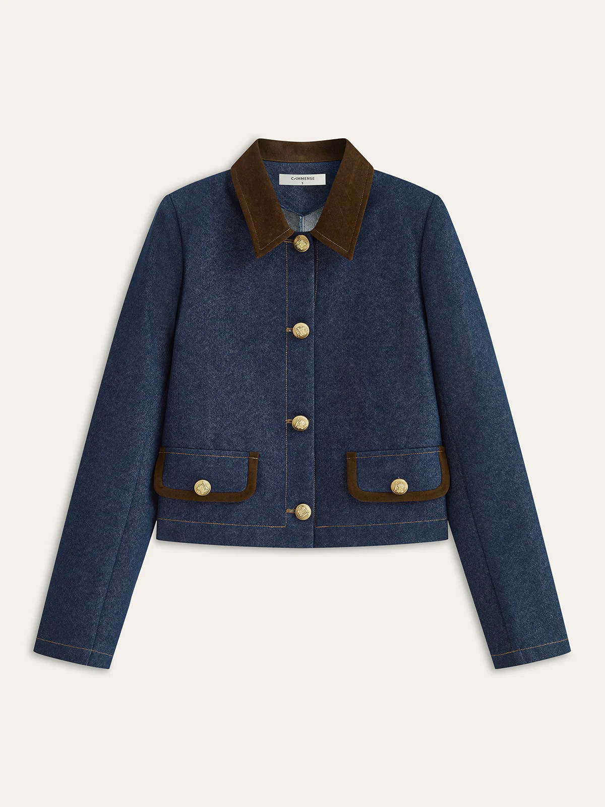 Metal Button Suede Collar Denim Jacket | Commense