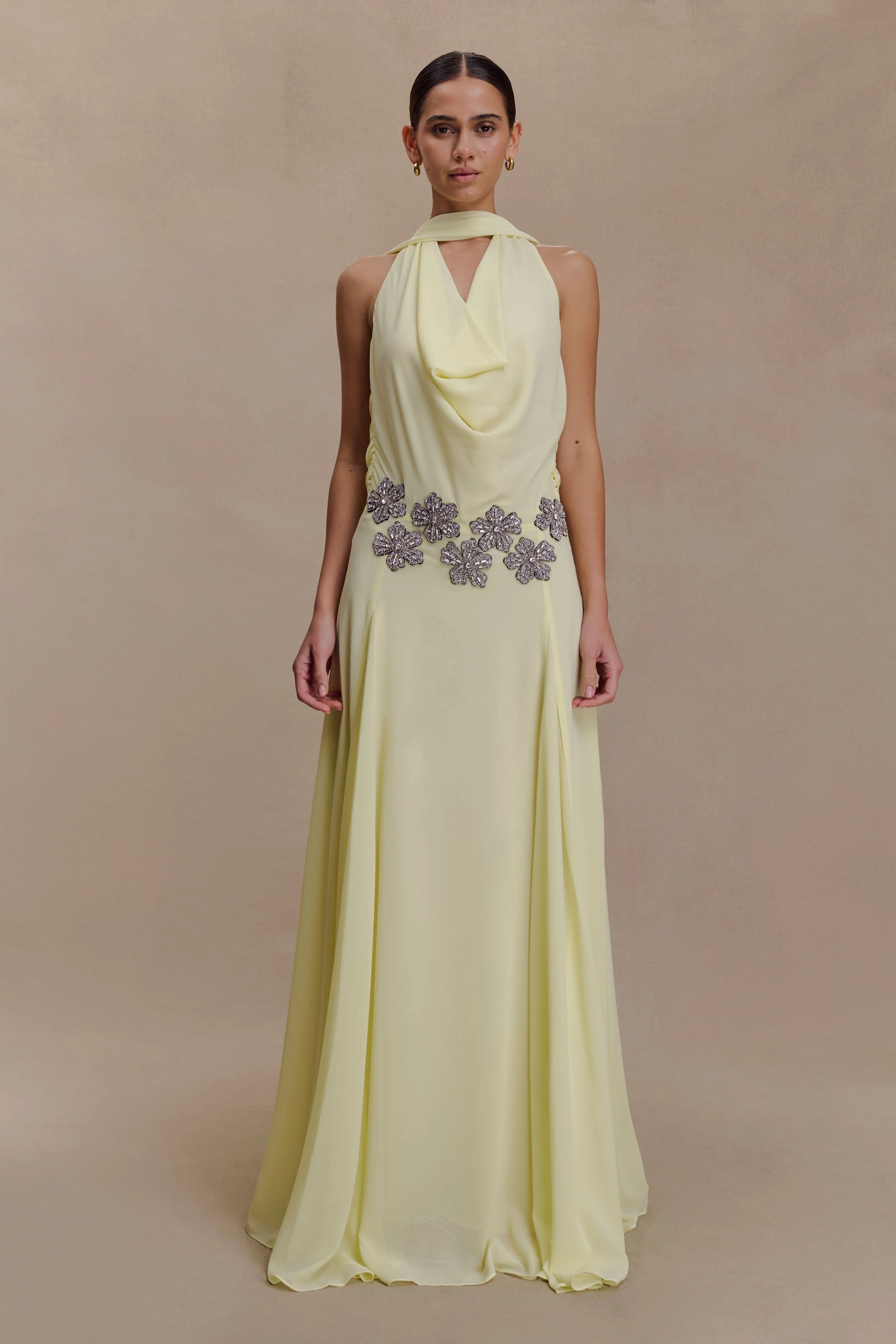 Santal Floral Chiffon Halter Maxi Dress - Lemon | Meshki UK