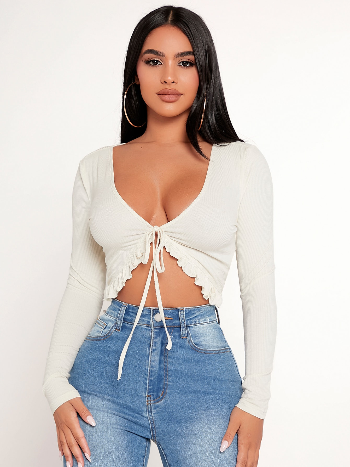 SHEIN PETITE Solid Lettuce Trim Tie Front Crop Top | SHEIN