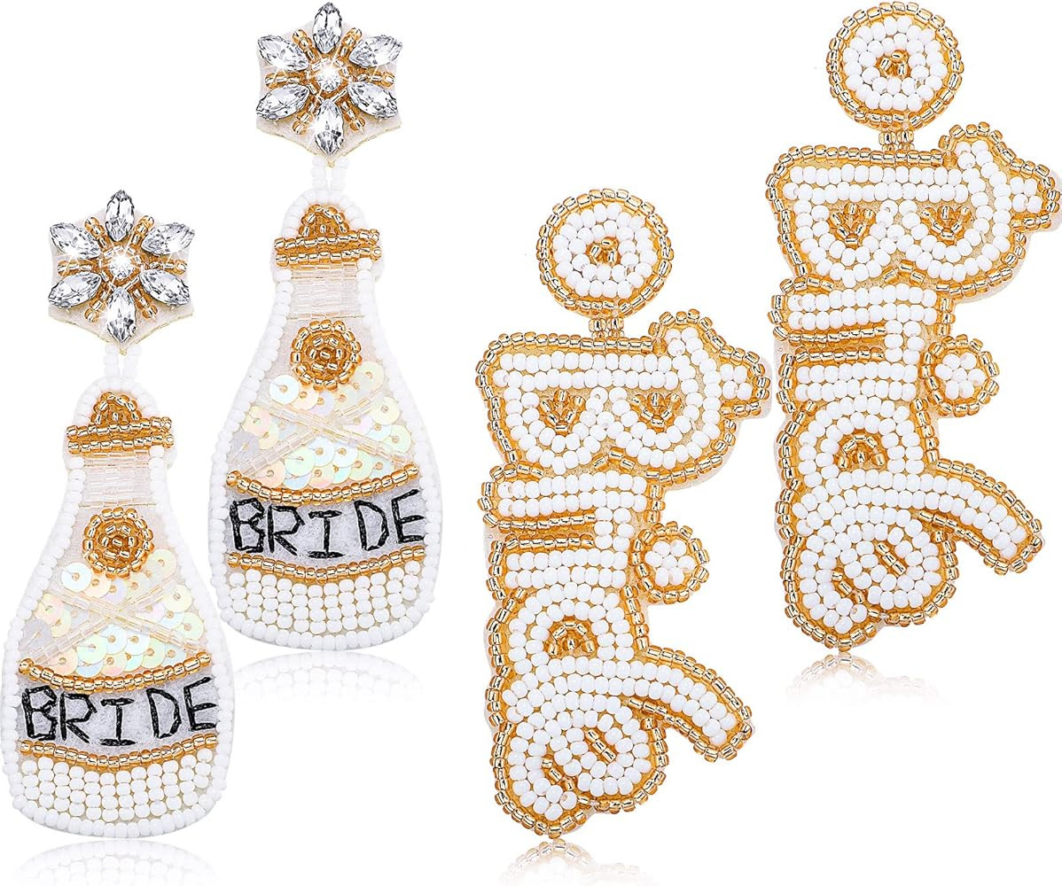 2 Pairs Bride Champange Bottle Bachelorette Earrings Wedding Bridal Beaded Earrings Handmade Bead... | Amazon (US)
