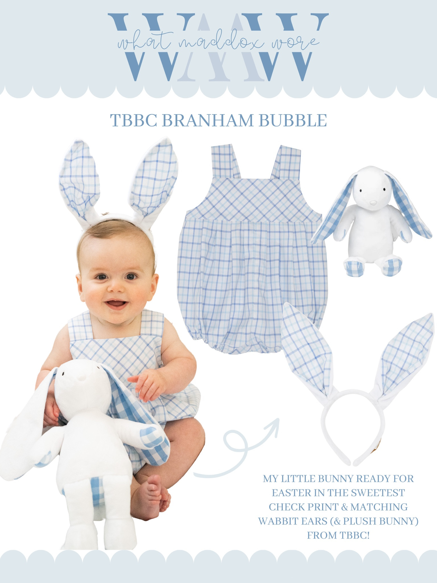WMW - what Maddox wore 🤍 TBBC Brannan Bubble in Park City Periwinkle Chandler Check with matching wabbit ears and plush bunny! 

#LTKkids #LTKfamily #LTKbaby