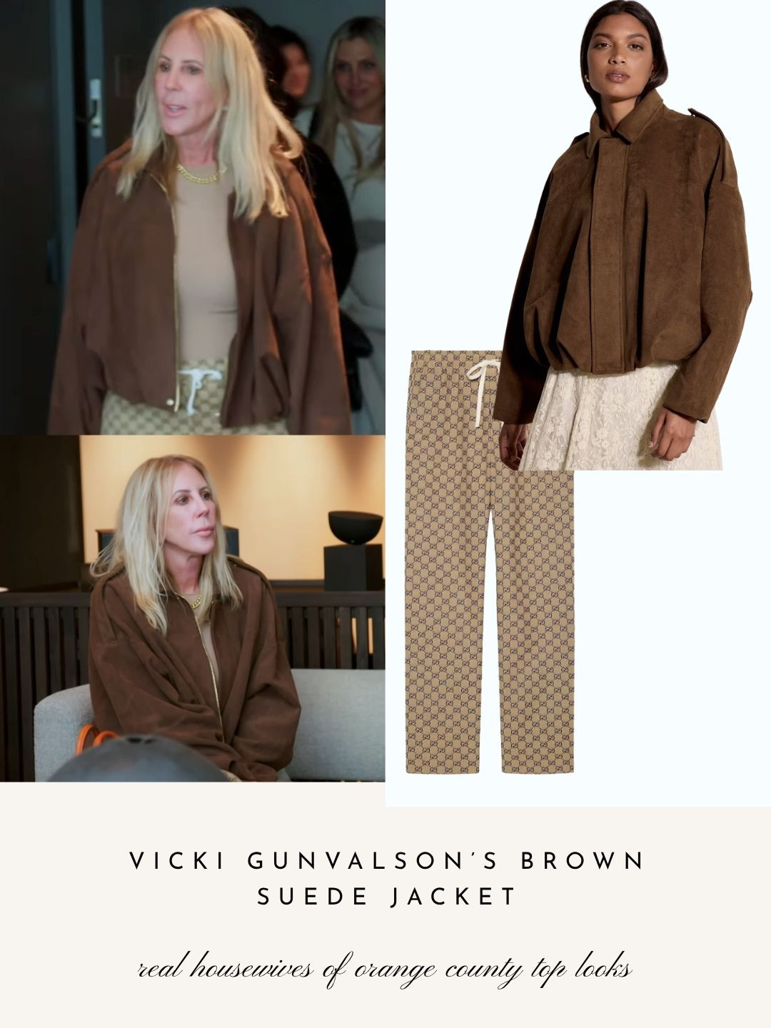 Vicki Gunvalson's Brown Suede Jacket and Gucci Logo Pants in Tokyo 

 